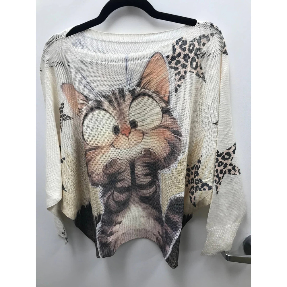 POCATG C Loowie The Cutest Cat Knit Printed Sweater One Size